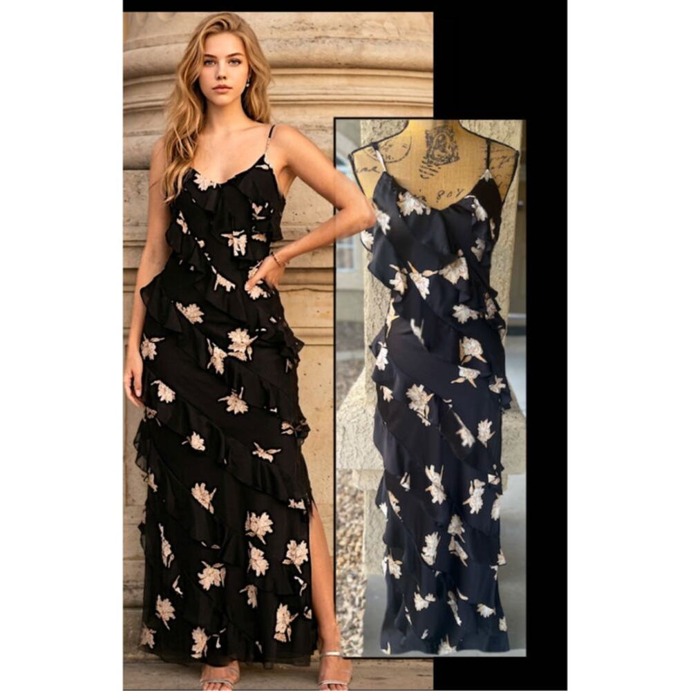 Petal & Pup Ciao Floral Ruffle Satin Maxi Dress Size M